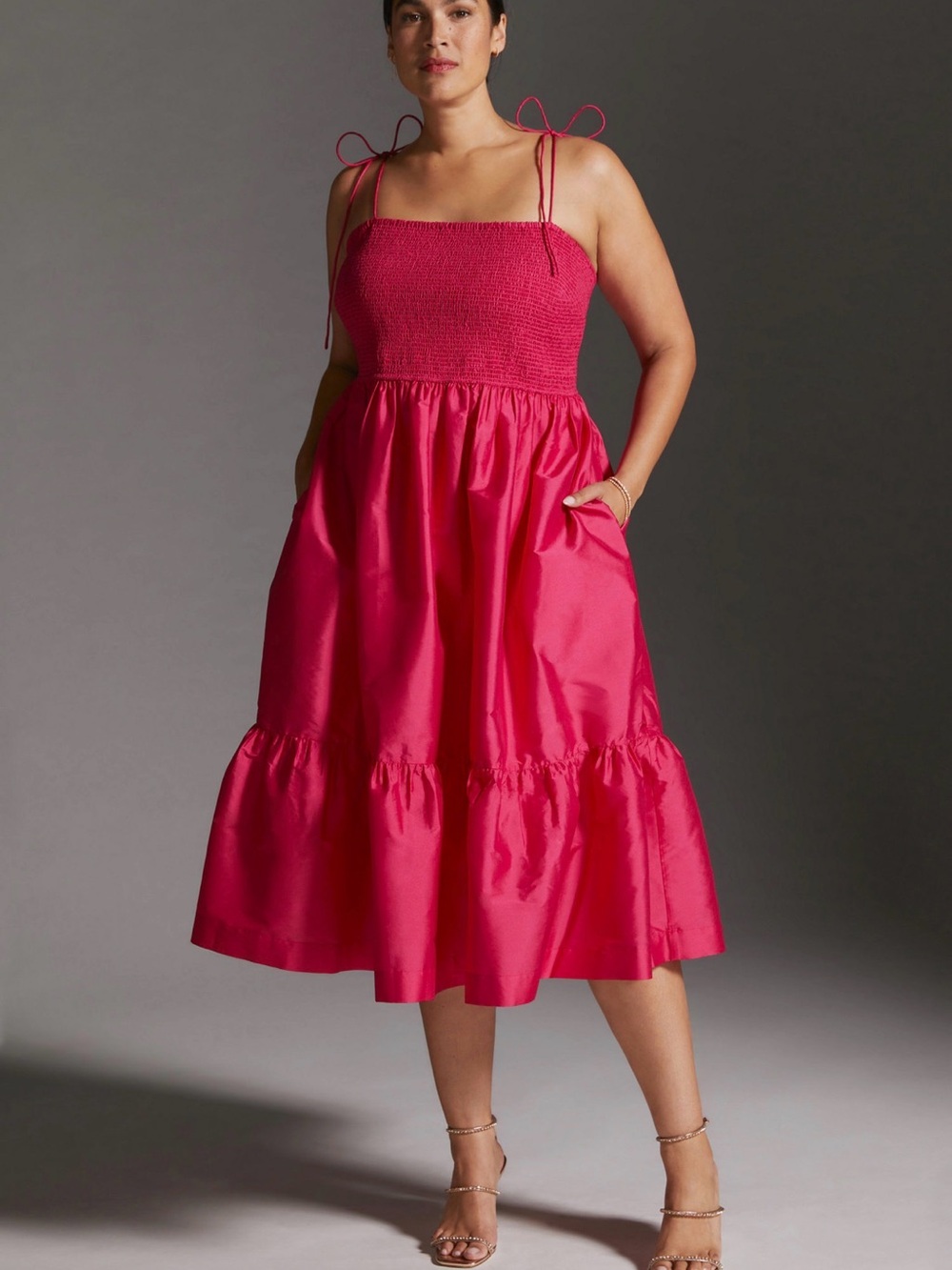 Anthropologie Fuchsia Tie-Shoulder Smocked Bust Midi Dress